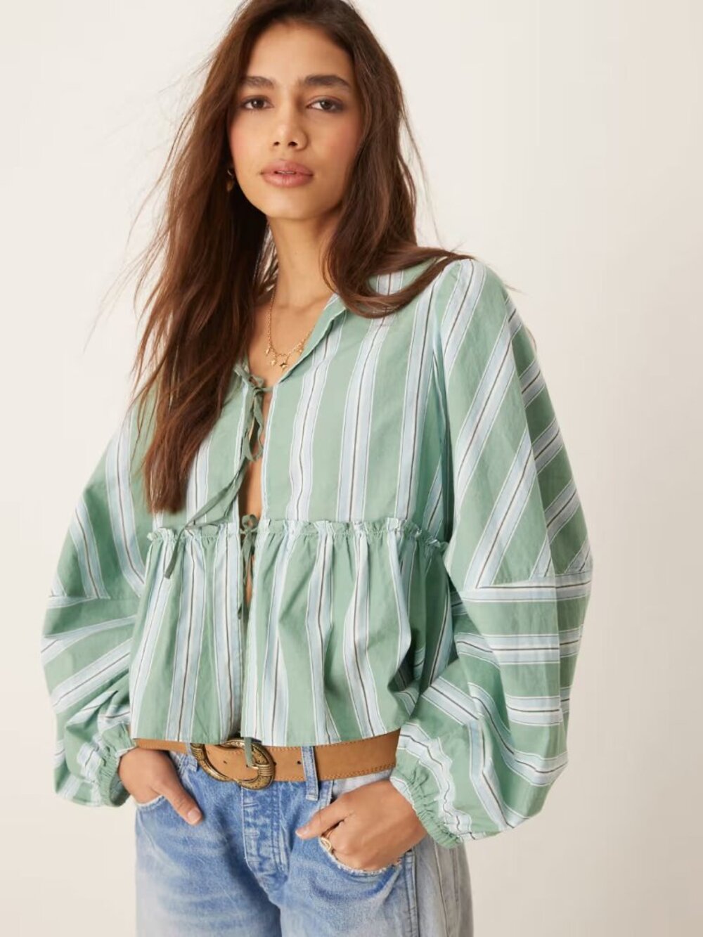 Free People Brunch Babe Blouse in Green Stripe